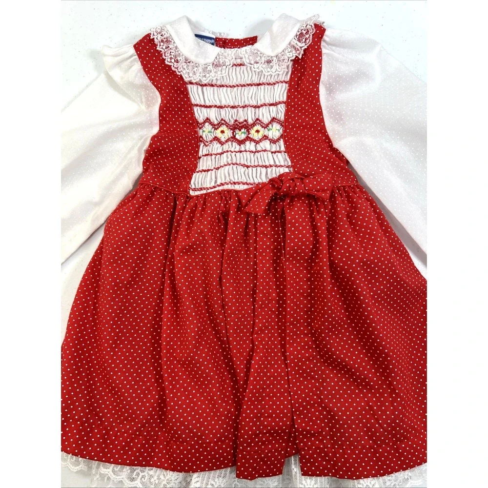Vintage Polly Flinders Girls Red & White Polka-Dot Lace Smocked Dress Size 3T